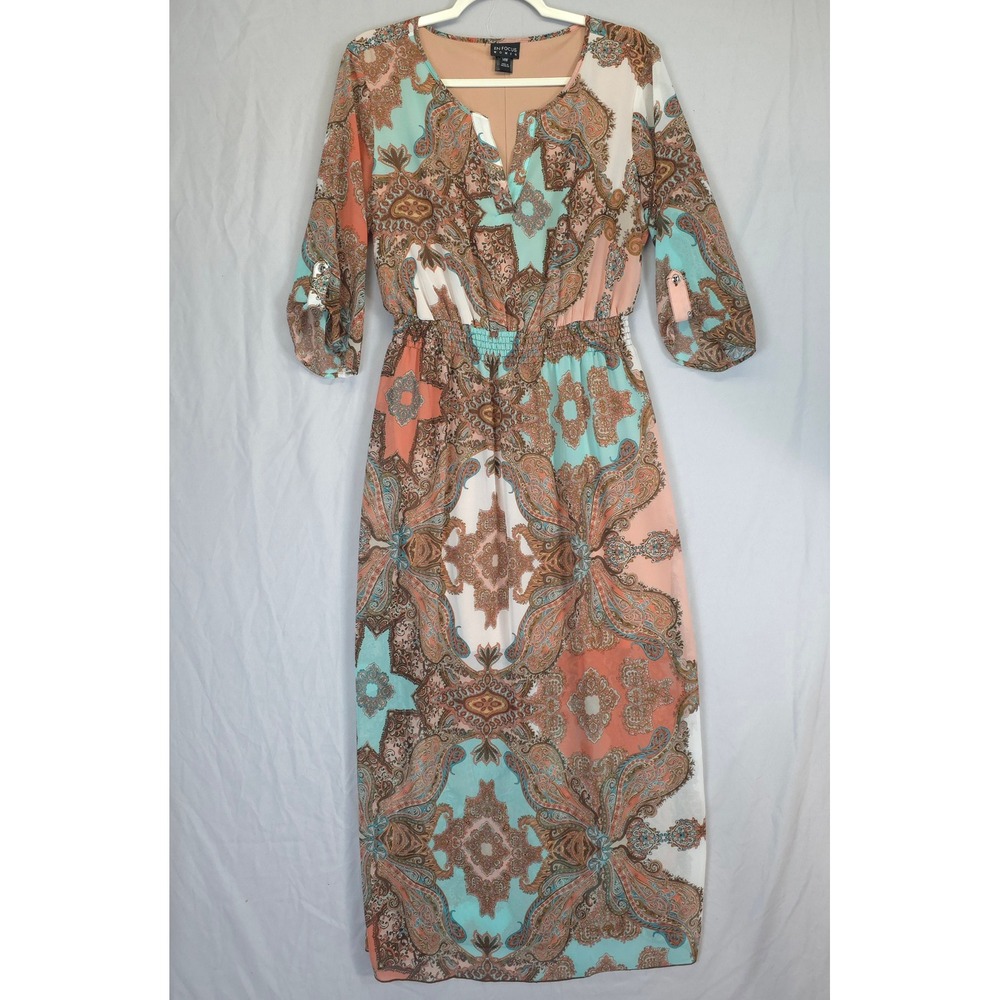 En Focus Paisley Maxi Dress Tan Coral Turquoise Boho Resort Flowy Women 14W